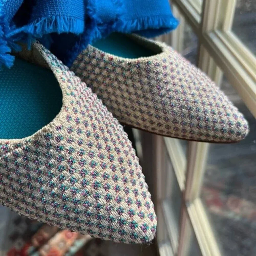 Rothy's Multi Metallic Mary Jane Flats Blue Ribbon Bow Ballet Shoe Pointed Sz 7